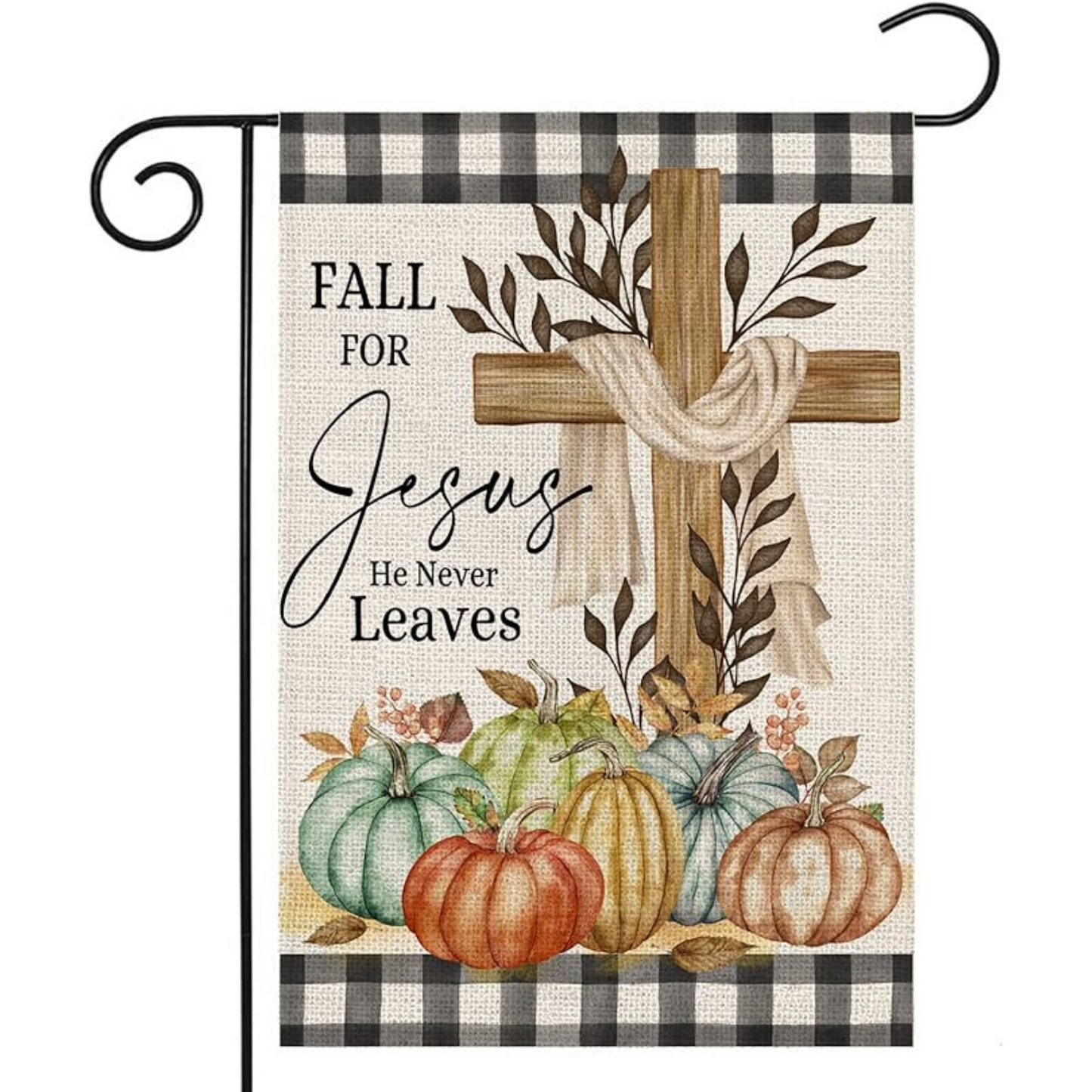 Rustic Autumn Printed Garden Flag With Cross And Pumpkins
