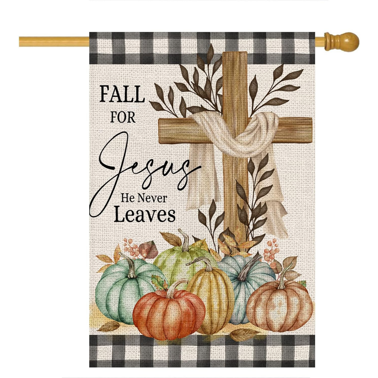 Rustic Autumn Printed Garden Flag With Cross And Pumpkins