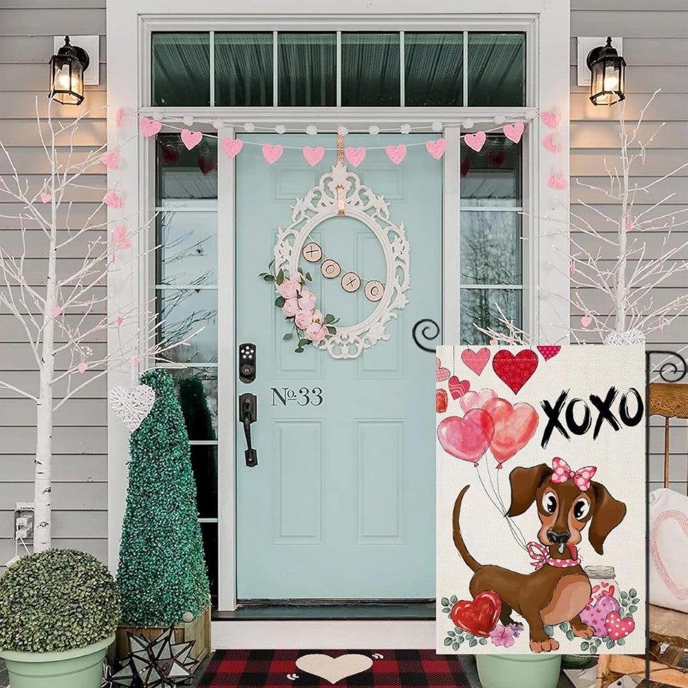 Dachshund Dog With Balloons Printed Valentine Day Garden Flag