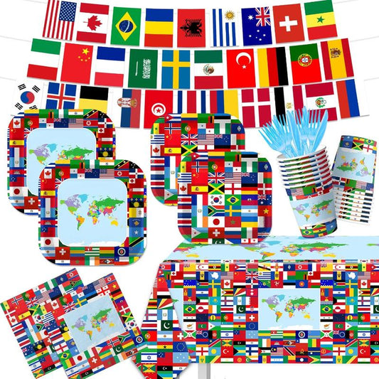 Global Theme Party Supplies - With Tablecloth Utensils And Flags