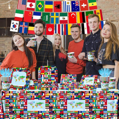 Global Theme Party Supplies - With Tablecloth Utensils And Flags