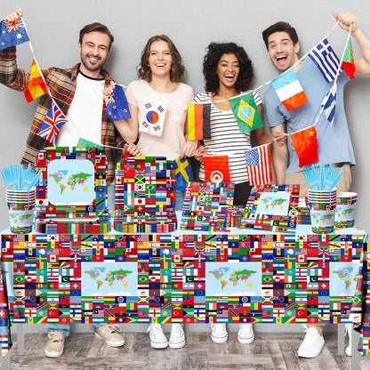 Global Theme Party Supplies - With Tablecloth Utensils And Flags