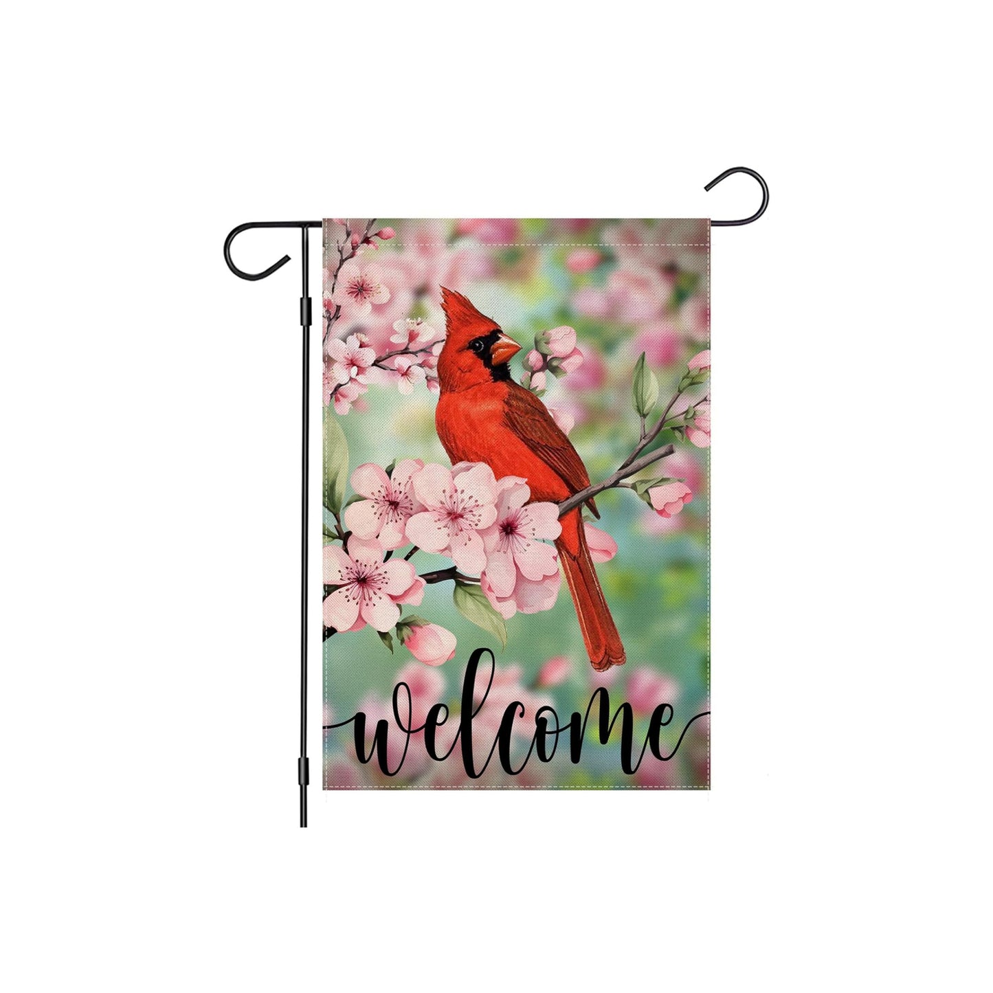 Welcome Garden Flag With Cardinal And Cherry Blossoms Print