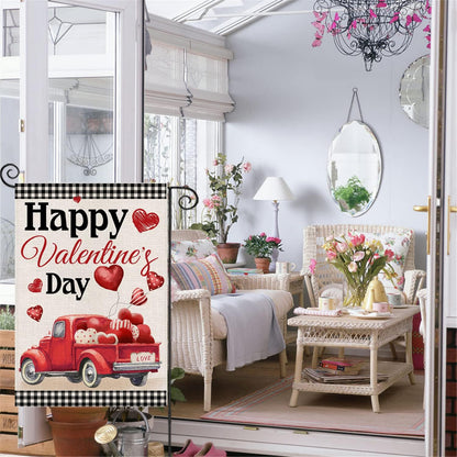 Valentine Plaid Truck With Balloons Printed Outdoor House Flag