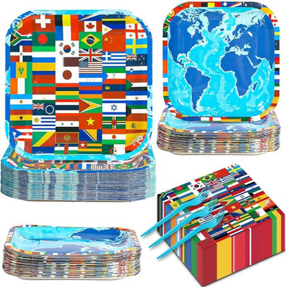 200 Piece World Flag Printed Party Tableware Set