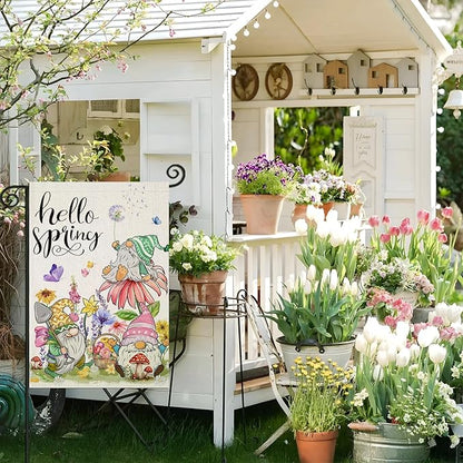 Seasonal Gnomes With Flowers Printed Garden Flag