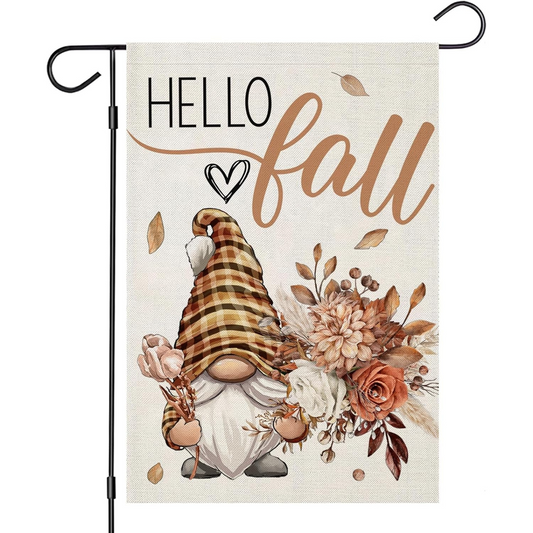 Harvest Garden Flag With Gnome Printed And Autumn Leaves